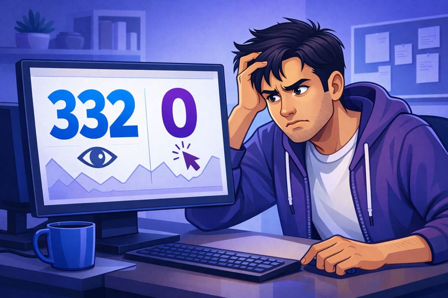 Frustrated blogger looking at 332 impressions with no clicks in Google Search Console — a common problem for new blogs