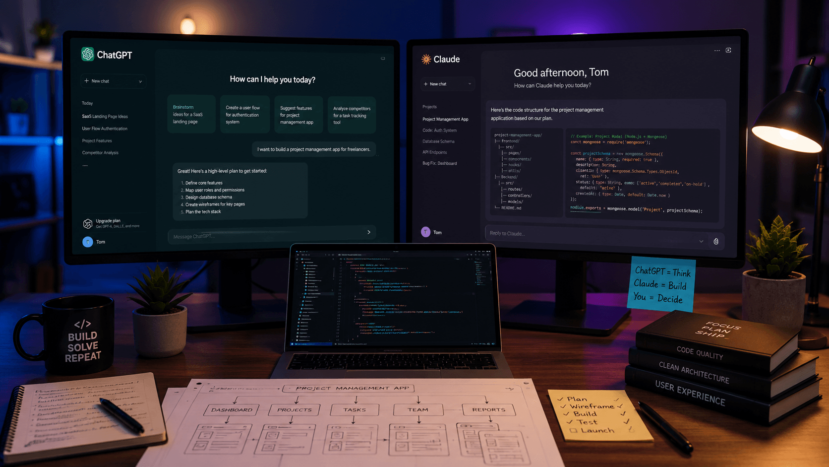 Modern web development workspace using ChatGPT and Claude AI for planning, coding, and building websites