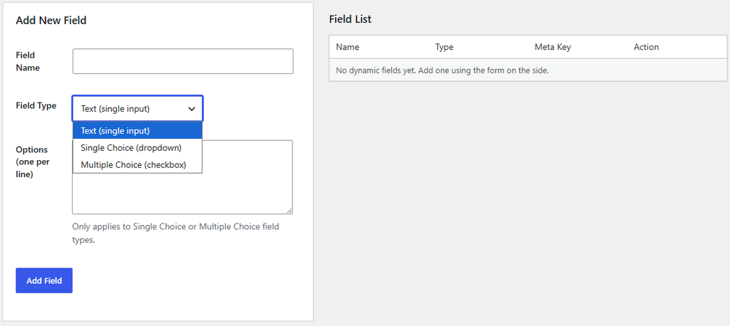 Create custom property fields directly from the WordPress dashboard.