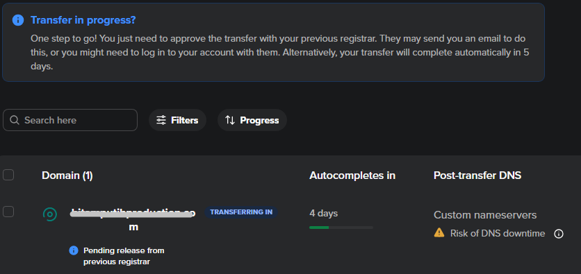 spaceship transfer domain progress page